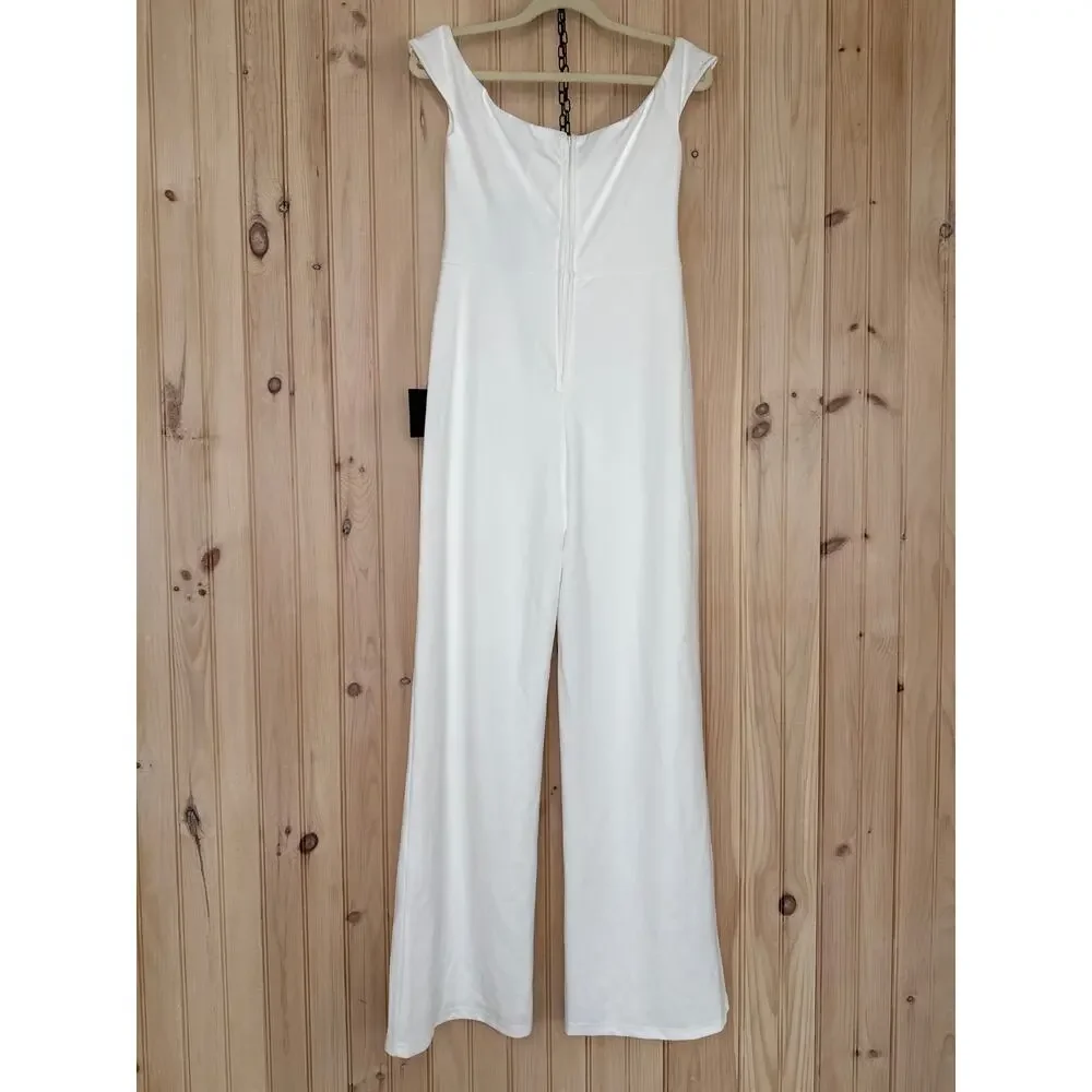 NWT Lulus Stunning Existence White Off-the-Shoulder Knot-Front Jumpsuit Size L